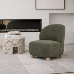 Green Coco Accent Chair with sculptural design and wood legs