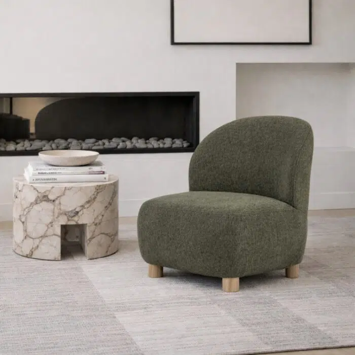 Green Coco Accent Chair with sculptural design and wood legs