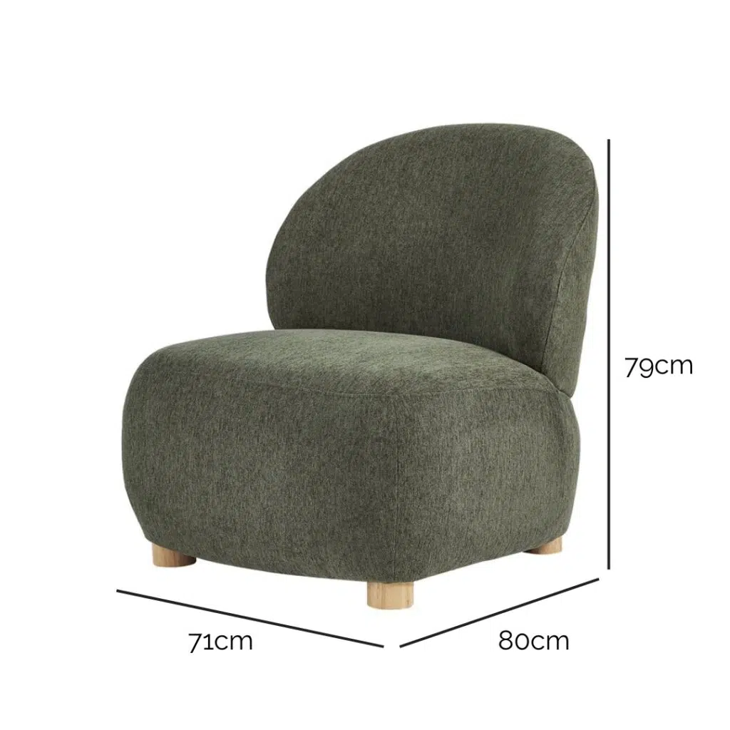 Green Coco Accent Chair with sculptural design and wood legs