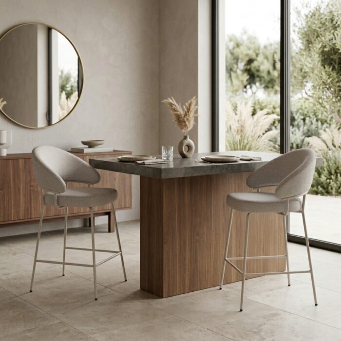 Beige Remi bar stools set of 2 with metal frame and fabric seat