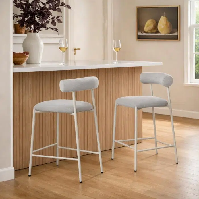 Soren Beige Bar Stool Set of 2 with Metal Frame and Fabric Seat