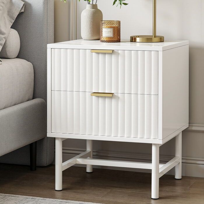 White Artiss bedside table with two drawers for bedroom storage