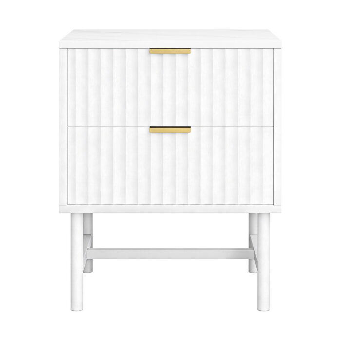 White bedside table with two drawers for bedroom storage