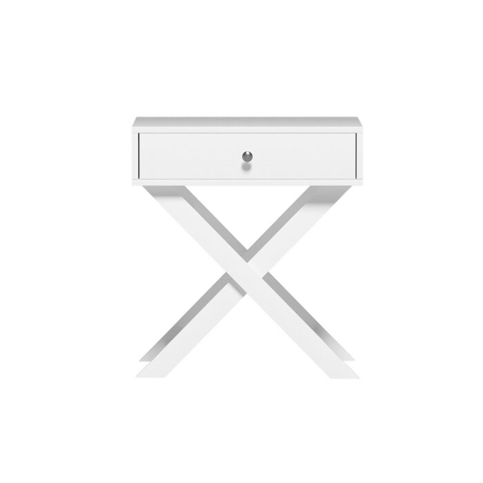 White rustic retro bedside table with cross legs and drawer