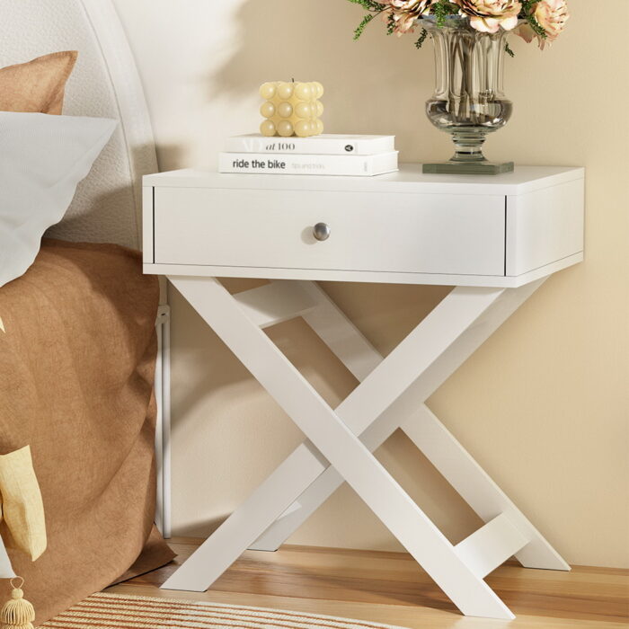 White rustic retro bedside table with cross legs and drawer