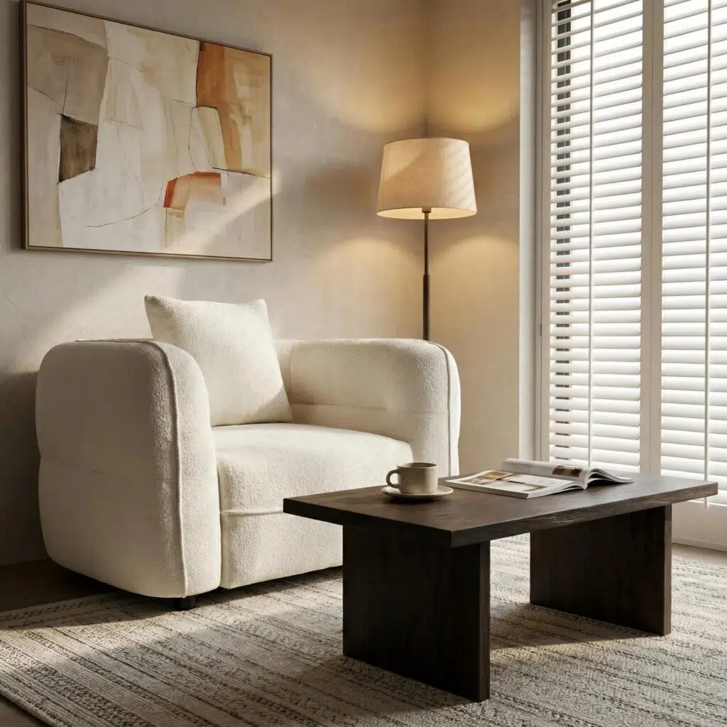 Rhea Armchair: Modern minimalist design with soft upholstery for cozy comfort