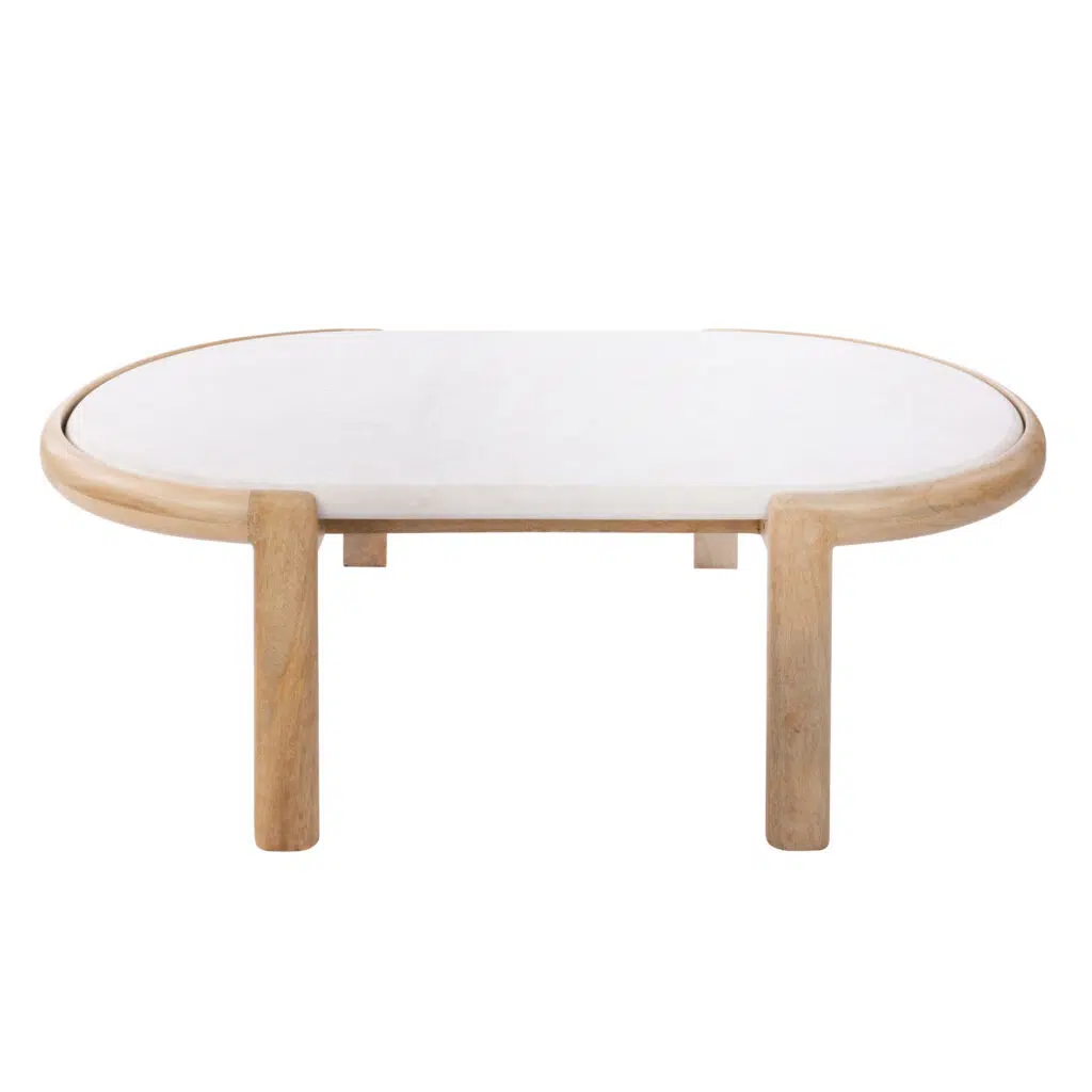 Ashton Coffee Table white marble top natural mango wood base