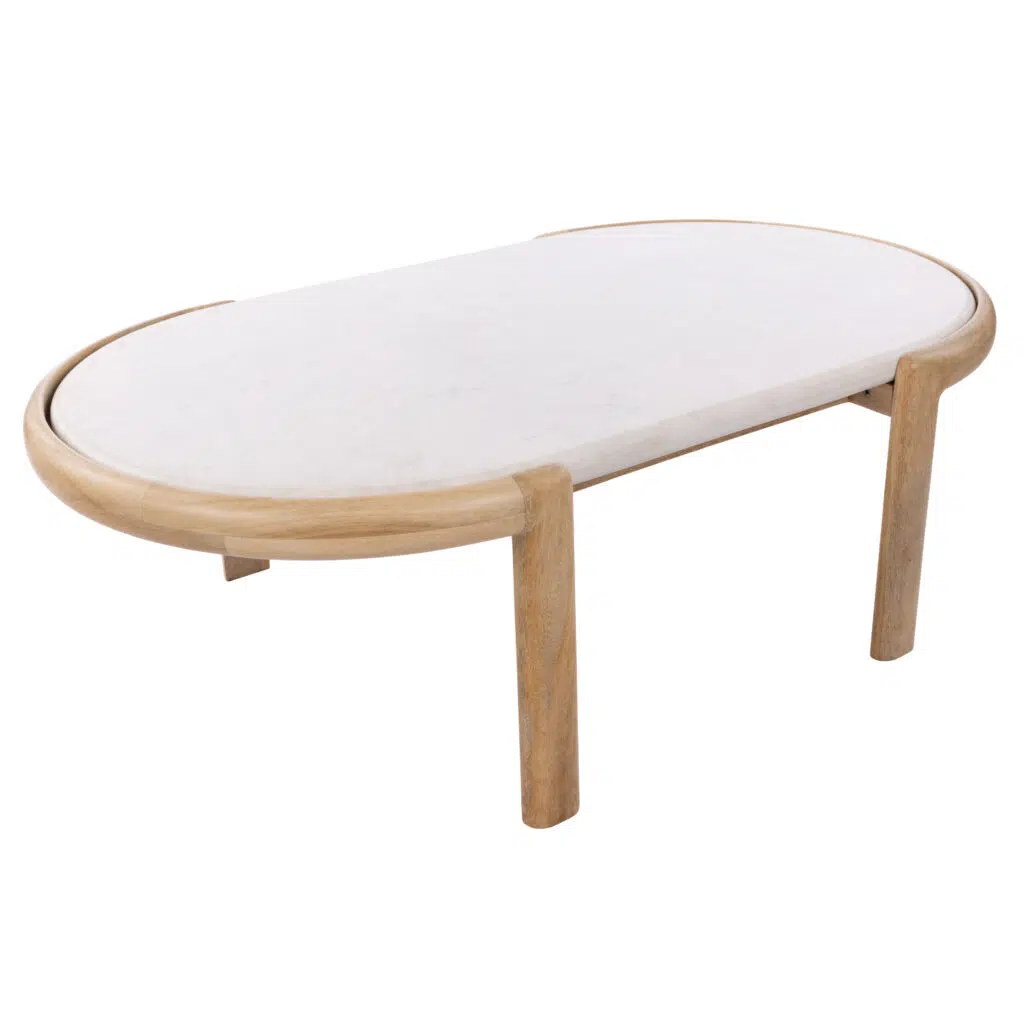 Ashton Coffee Table white marble top natural mango wood base