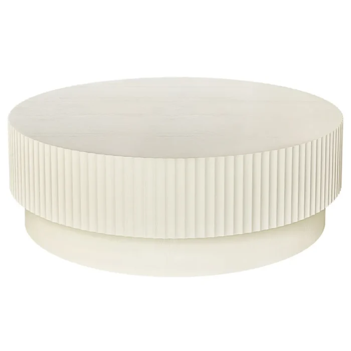 Avery Round Coffee Table in Ivory with fluted sides and solid wood base