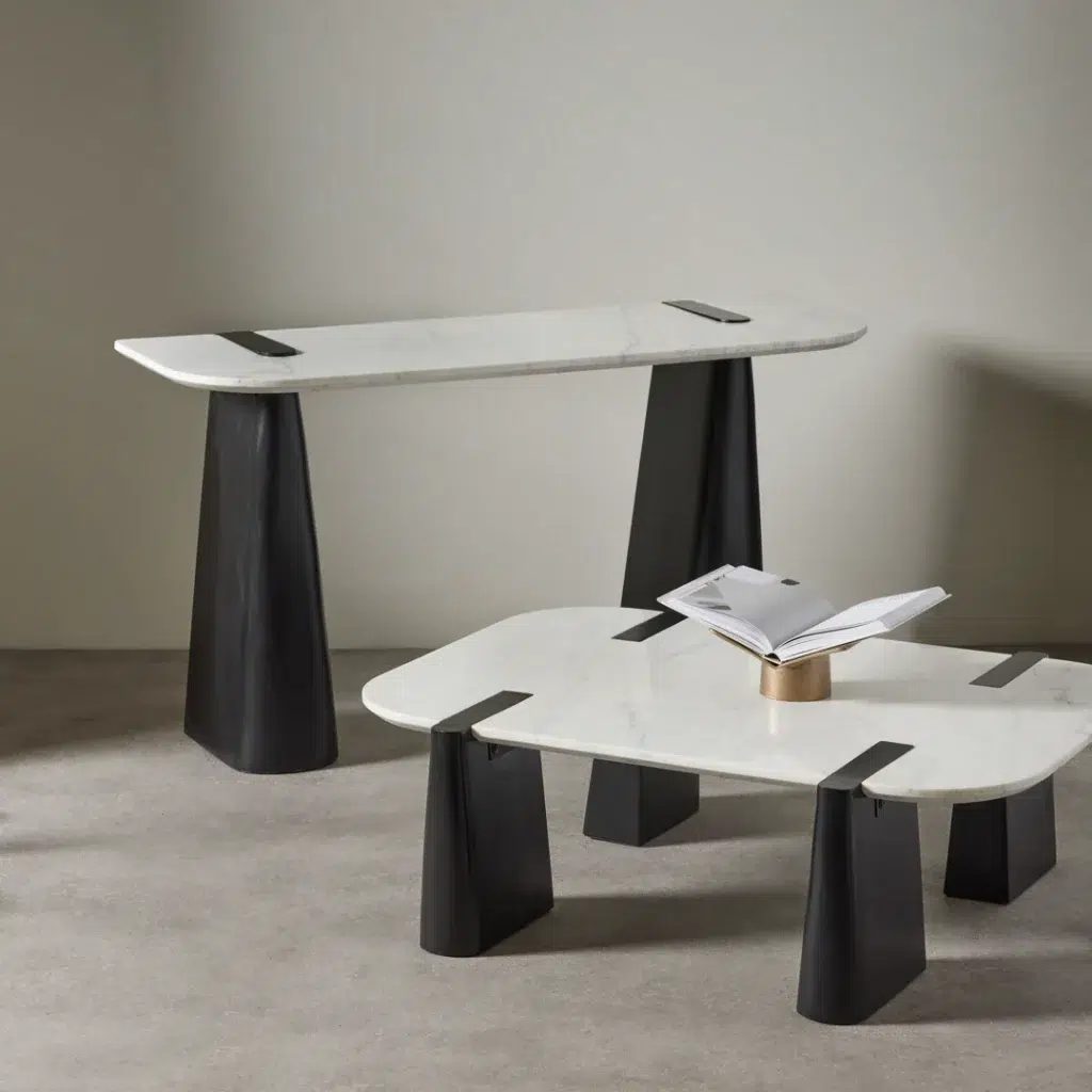 Dray Coffee Table black mango wood legs white marble top