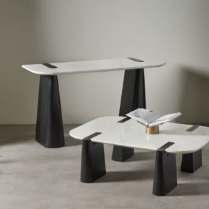 Dray Coffee Table black mango wood legs white marble top