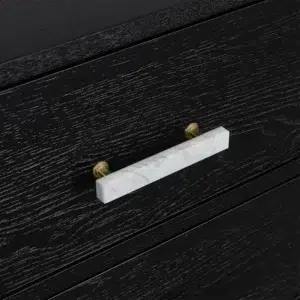 Black Jill Bedside Table with marble handles and timber grain