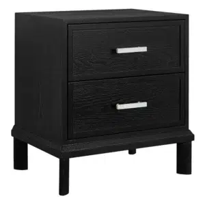 Black Jill Bedside Table with marble handles and timber grain