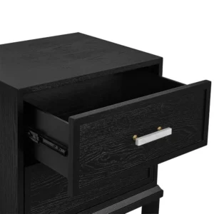 Black Jill Bedside Table with marble handles and timber grain