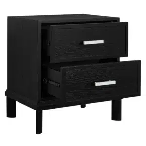 Black Jill Bedside Table with marble handles and timber grain