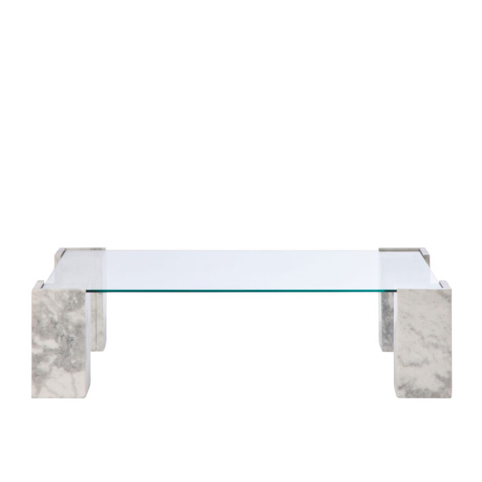 Lark Coffee Table with grey marble legs and clear tempered glass top