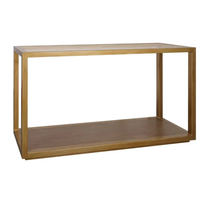 Sadie Console Table in Antique Gold with glass top and wood shelf