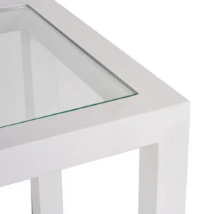 White Sadie Oak console table with glass top and open shelf