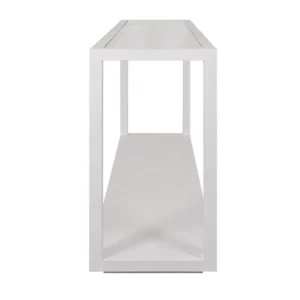 White Sadie Oak console table with glass top and open shelf