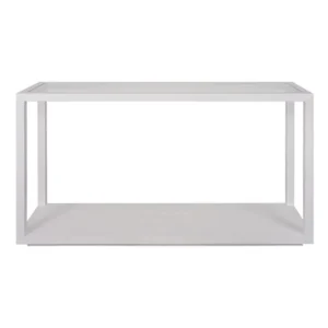 White Sadie Oak console table with glass top and open shelf