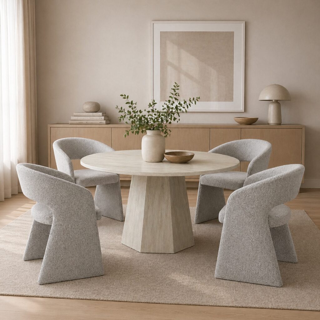 Cedar Round 130cm Dining Table with Travertine-Look Finish