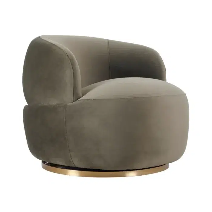 Olive velvet swivel armchair with sculptural design and metallic base