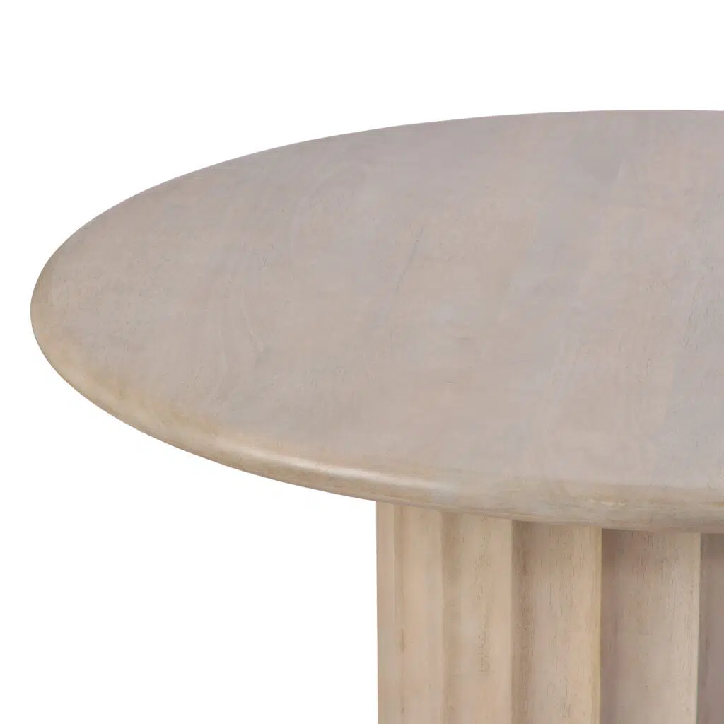 White-washed mango wood round dining table with ribbed base