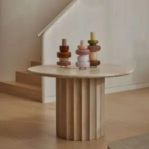 White-washed mango wood round dining table with ribbed base