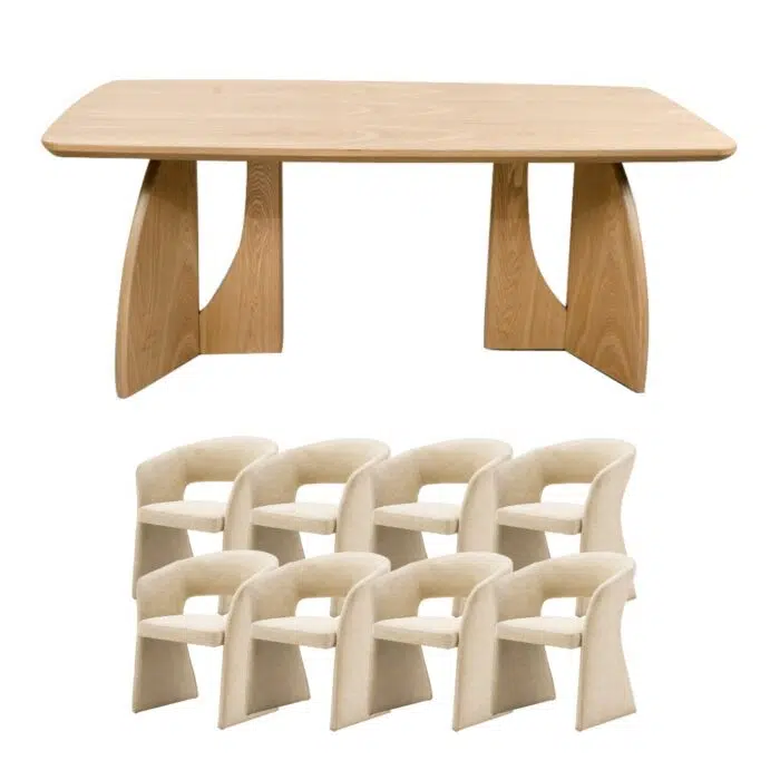 Cleo Rectangular 220cm Dining Set With 8 Nola Dining Chairs in Sand