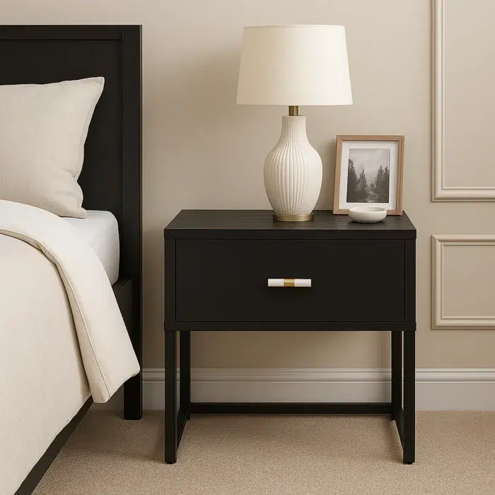 Aria Fore Black Bedside Table with Marble Top and Gold Accents