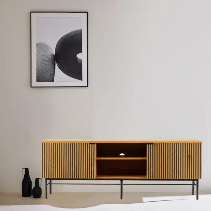Linjer Oak Melamine Entertainment Unit with Metal Legs