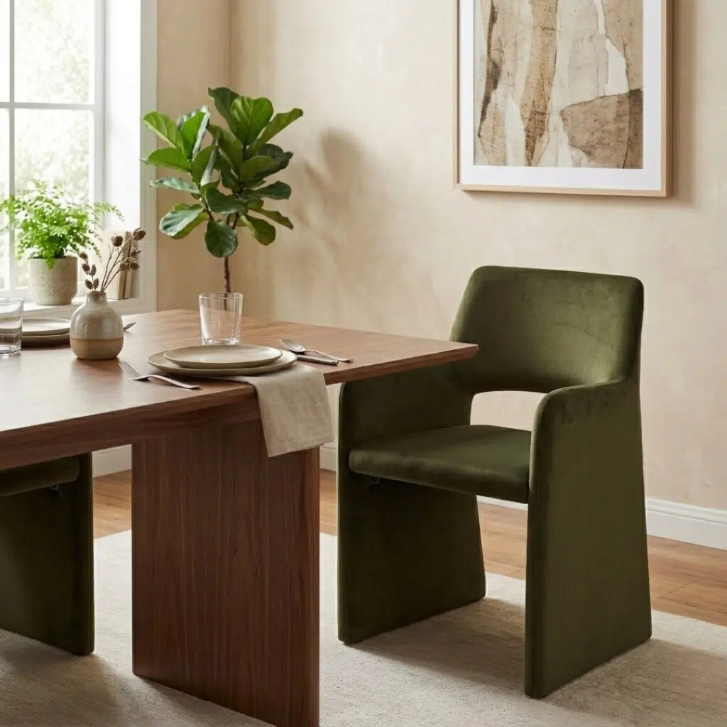 Romi Green Dining Chair with metal frame and fabric seat