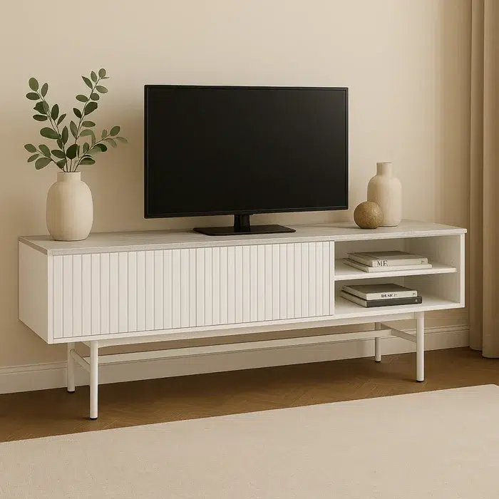 White marble-look Scarlett desk with metal frame and shelves