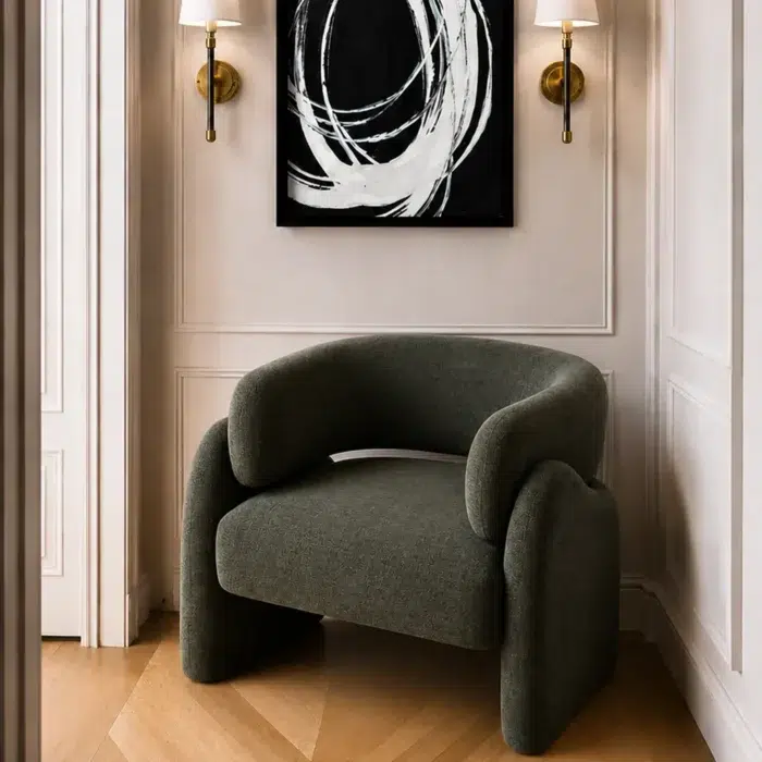 Teal Declan Arm Chair with sculptural curves and plush polyester upholstery