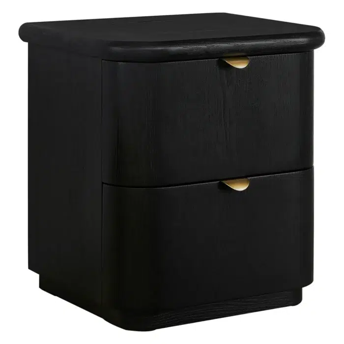 Lina Black Bedside Table with Oak Veneer and Brass Pulls