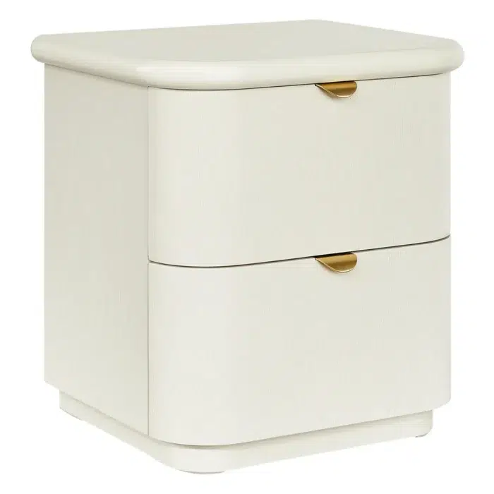 Lina Ivory Bedside Table with Curved Drawers and Brass Pulls