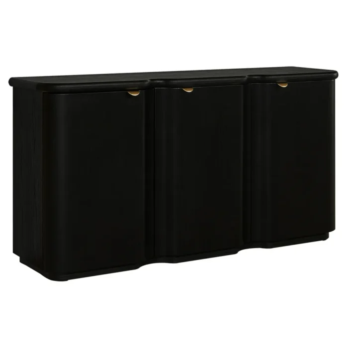 Lina 3-door black oak buffet with wave facade and brass pulls